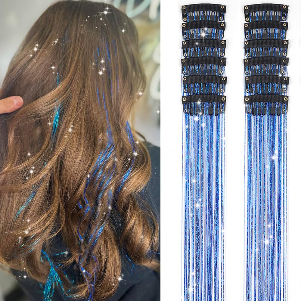 Clip in Hair Tinsel, Pack of 12 Pcs 20 Inch,Glitter Tinsel Hair Extensions, Festival Tinsel Fairy Hair Extension Party Dazzle Hair Accessories Strands Kit for Women Girls(12Pcs,Black#)