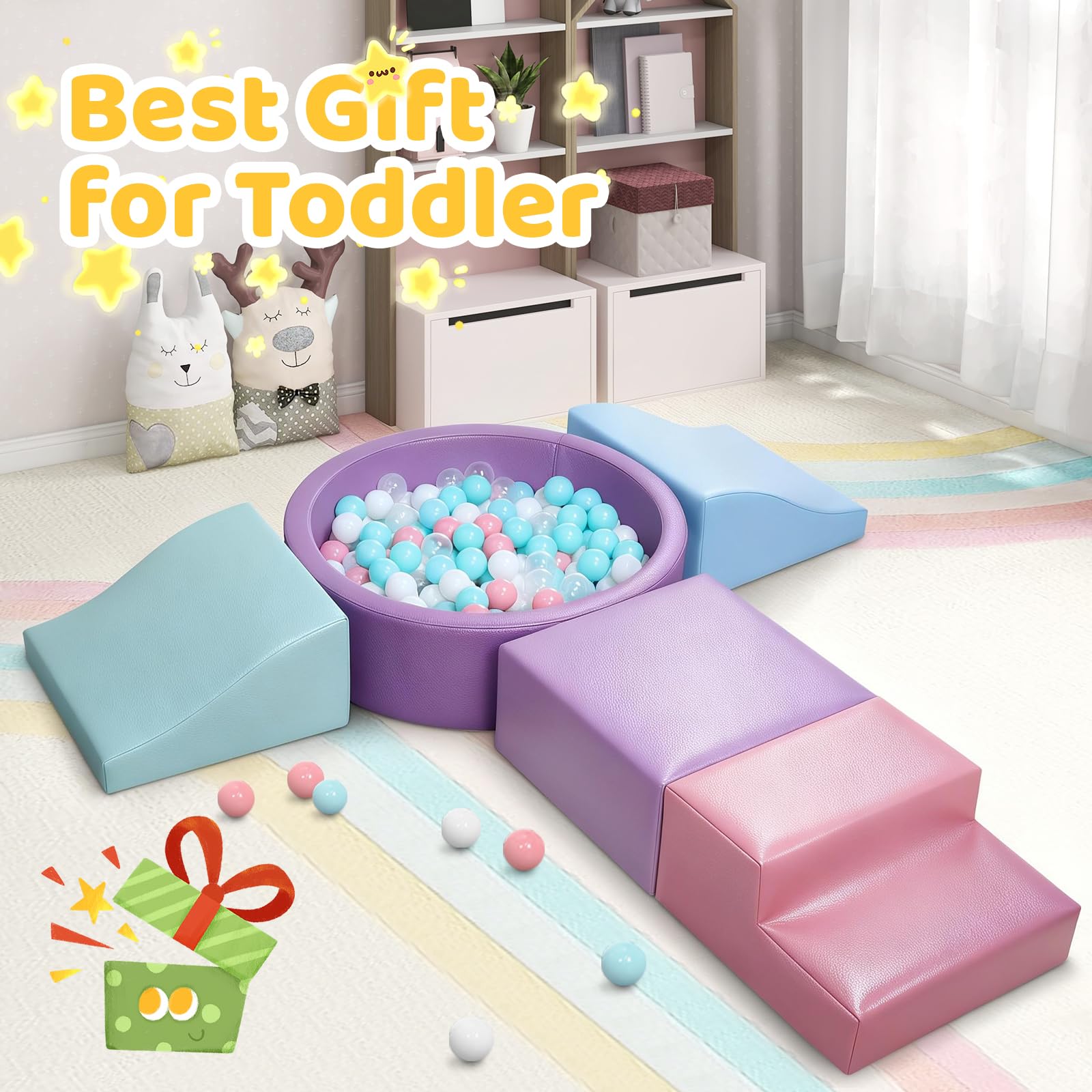 Foam Climbing Blocks for Toddler: with 4-Piece PU Leather Climbing Toys and a Ball Pit - Foam Ball Pit for Toddlers - Climbing Toys Indoor for Kids Crawling (Beige/Ivory Climbing Blocks)