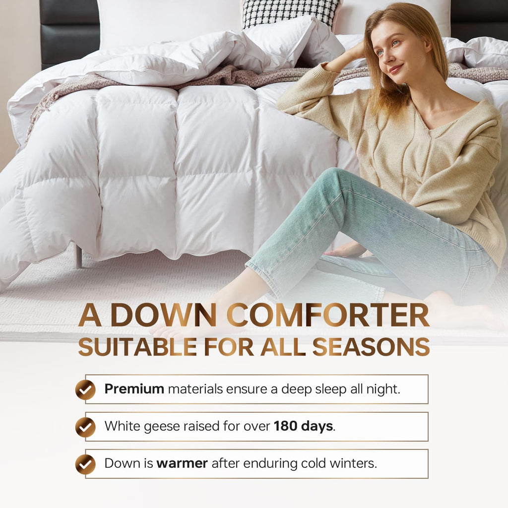 C&W Twin/Twin XL Down Comforter All Season, 750 Fill Power, Duvet Insert, 30oz Fill Weight, 100% Cotton Shell, Noiseless, Breathable, Lightweight, Machine Washable, Baffle Box, White (68"x90")