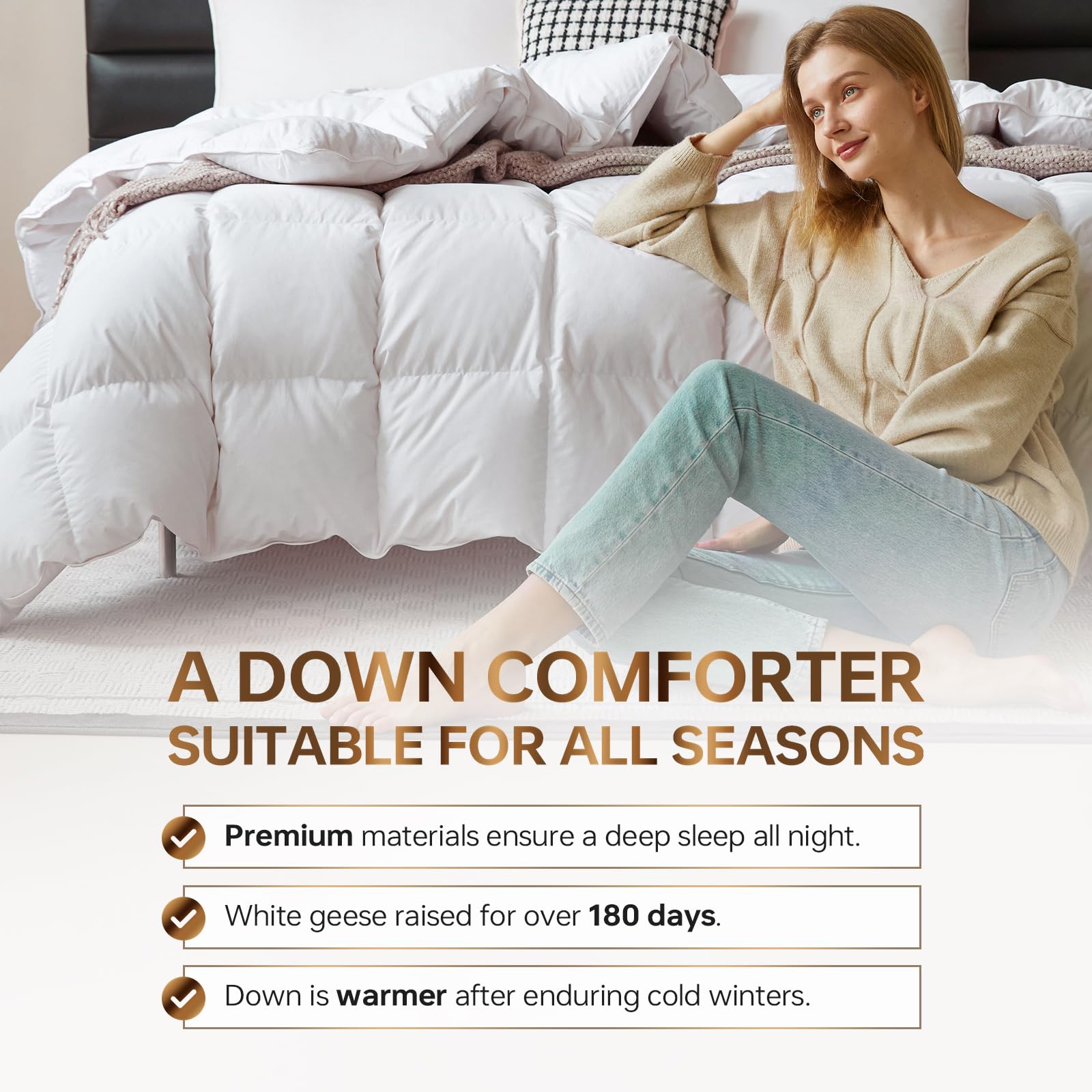 C&W Twin/Twin XL Down Comforter All Season, 750 Fill Power, Duvet Insert, 30oz Fill Weight, 100% Cotton Shell, Noiseless, Breathable, Lightweight, Machine Washable, Baffle Box, White (68"x90")