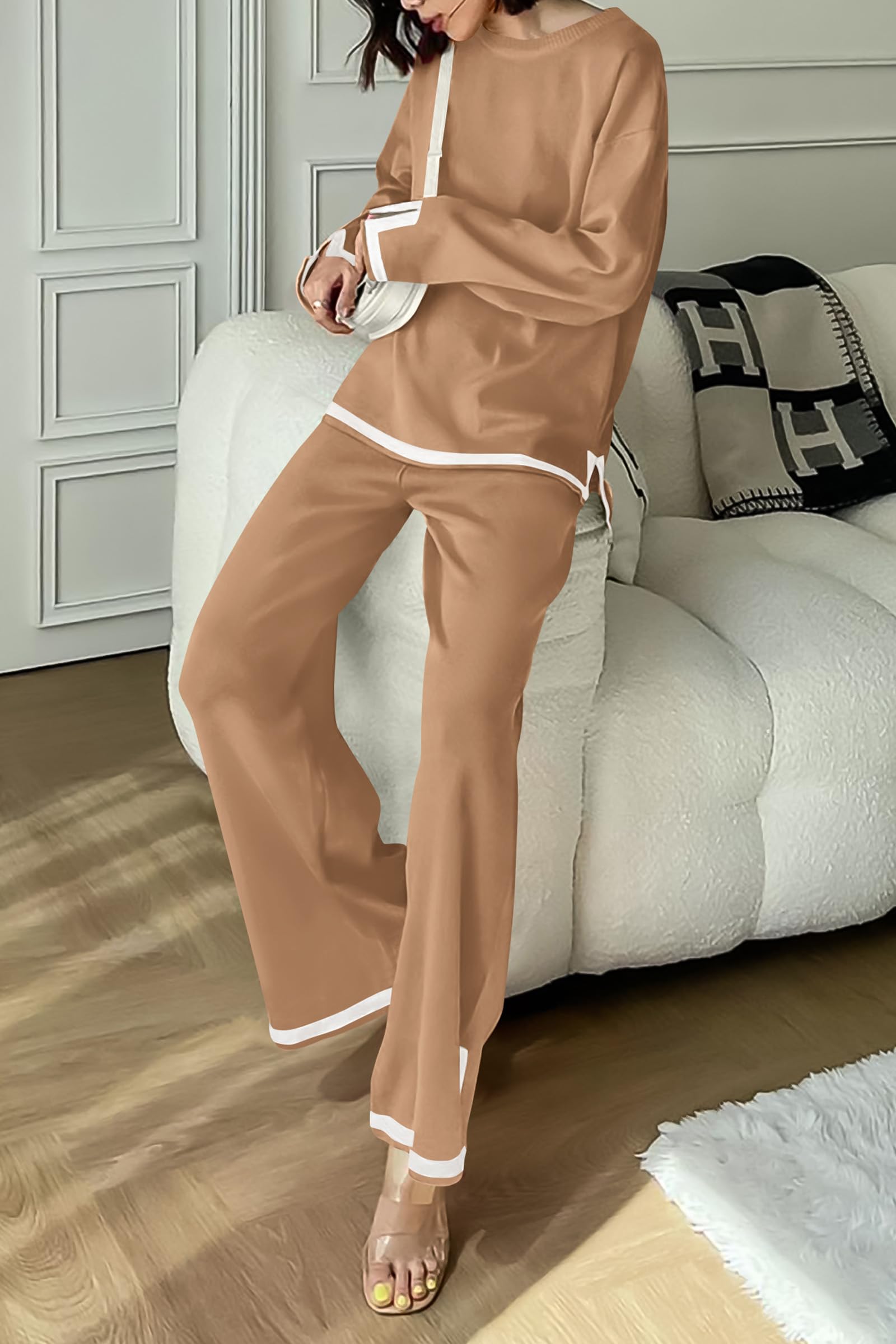 PRETTYGARDEN Women's 2 Piece Knit Sweater Set Travel Outfits | Long Sleeve Tops, Wide Leg Pants, Soft Matching Sweat Track Suits, Casual Fall Winter Clothes for Brunch, Going Out & Cruise