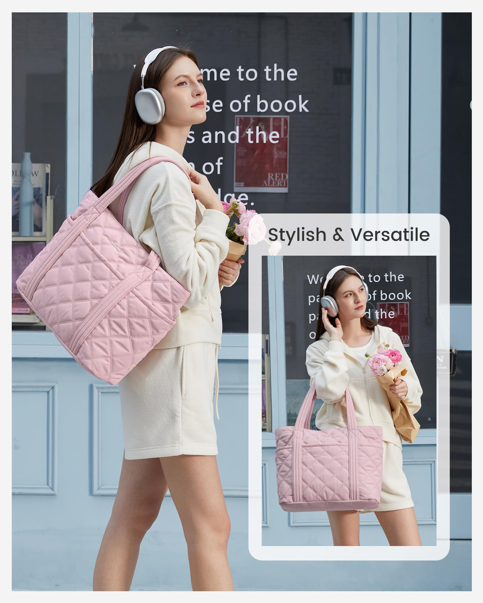 LOVEVOOK Puffer Tote Bag for Women, Puffy Work Handbag with Cup Holder, Travel Carry On Bag with Zipper for Teacher Nurse Gym