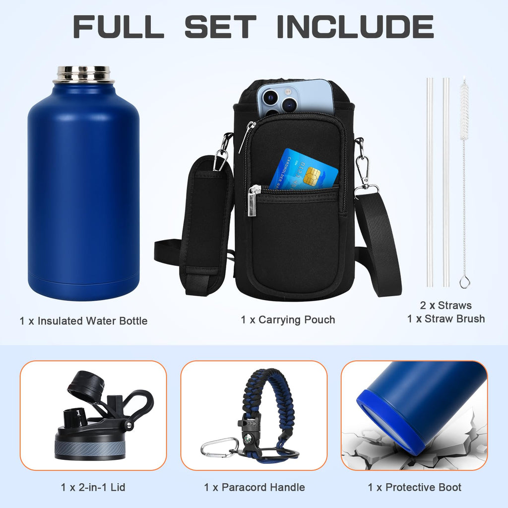 GAZLEMHO 40 oz Insulated Water Bottle with Straw& Spout 2-in-1 Lid, Triple Wall Vacuum Stainless Steel Cold 48H, Leak Proof Sports Metal Flask Jug with Paracord Handle, Black