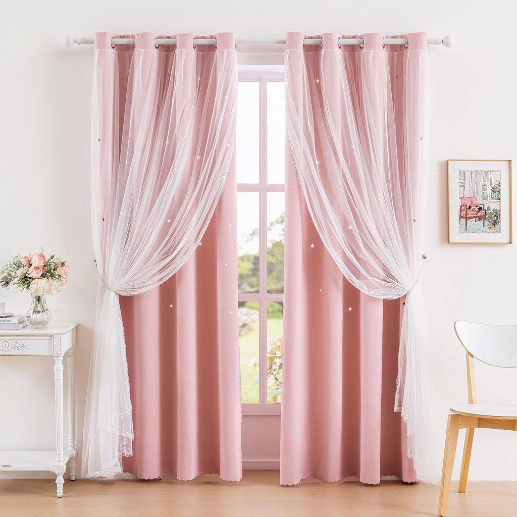Anytime Star Cut-Out Blackout Curtains for Bedroom 2 Panels,2-Layers Mix Design of Fabric & Tulle,Pretty Pure Color Window Curtain for Kids Room(W35 x L45,LPink)