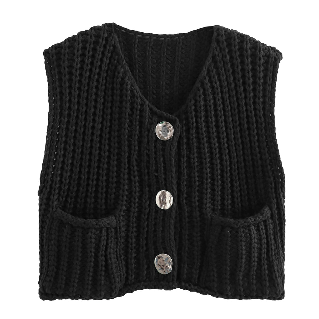 KEOMUD Women's Sleeveless Cropped Knit Cardigan Casual Button Down Crochet Sweater Vest Tops with Pockets