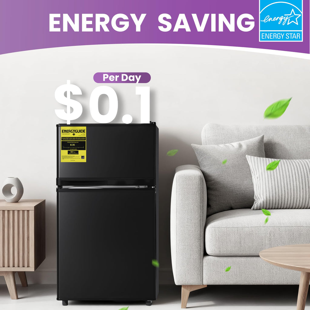 Tehanld 3.6 Cu.Ft Double Door Mini Fridge with Freezer, Compact Refrigerator with Removable Shelves, Low Noise Small Fridge for Dorm, Bedroom, Office and Apartment, Black
