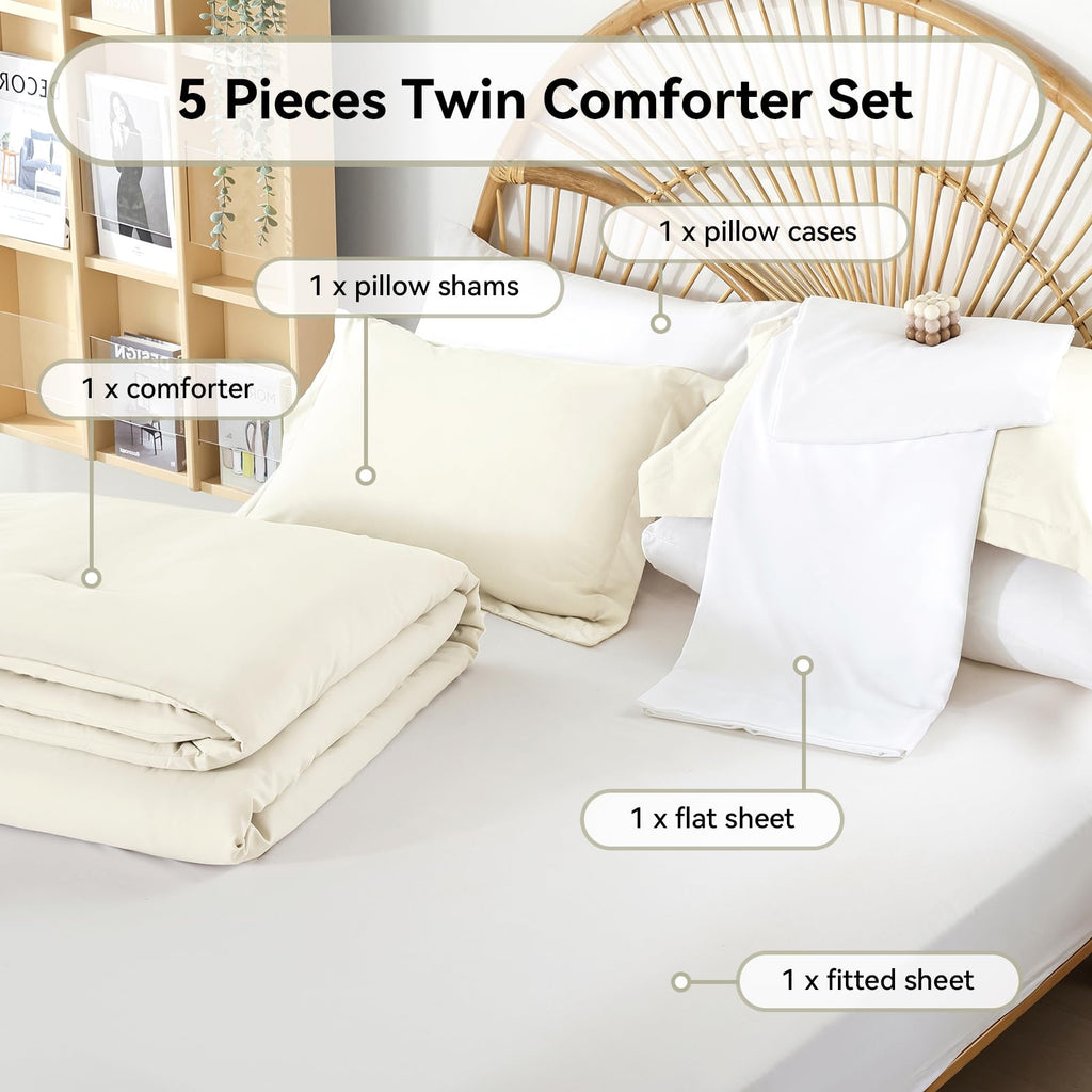 weigelia Twin Comforter Set 5 Pieces Beige Bed in A Bag Soft Queen Bedding Set Lightweight Comforter Set for Women and Men（Comforters, Flat & Fitted Sheets, Pillowcases & Shams）