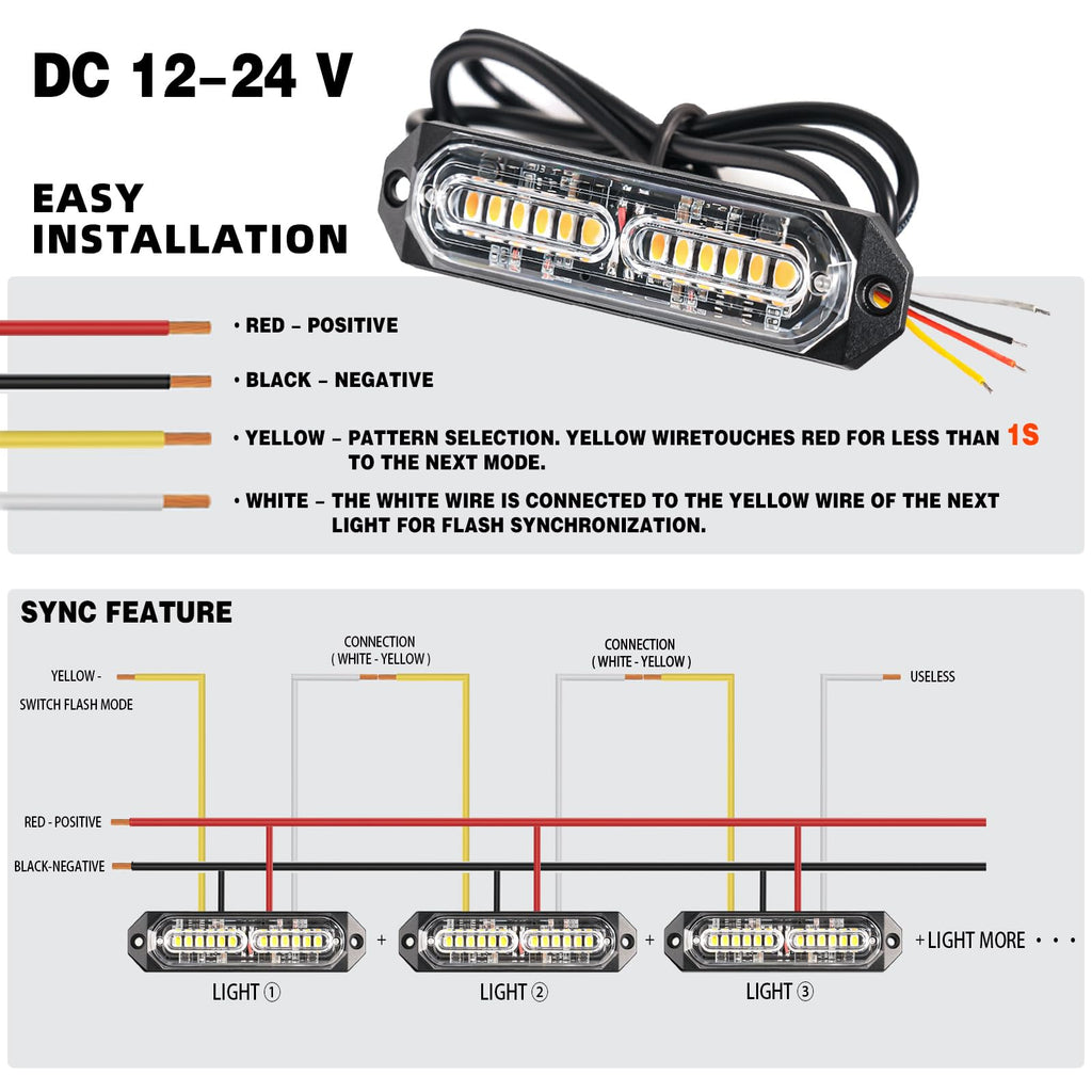 8-Pcs 12 LED Sync Feature Emergency Strobe Grille Lights Ultra Slim Surface Mount Hazard Warning Flashing Light Bar for Firefighter/Construction/Police/Trucks/Vehicles/Car/SUV (Amber/White)
