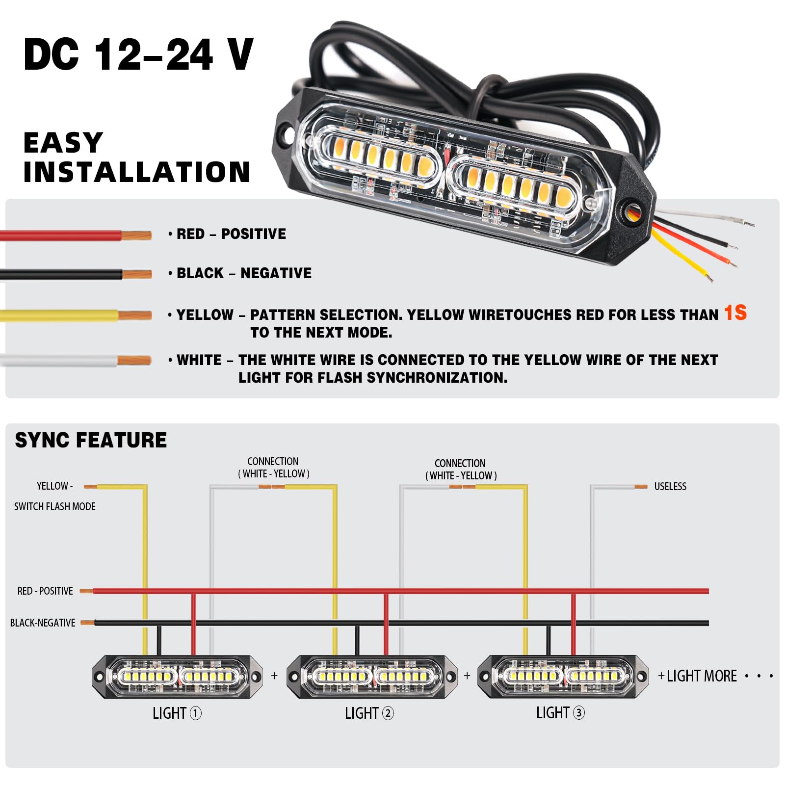 8-Pcs 12 LED Sync Feature Emergency Strobe Grille Lights Ultra Slim Surface Mount Hazard Warning Flashing Light Bar for Firefighter/Construction/Police/Trucks/Vehicles/Car/SUV (Amber/White)