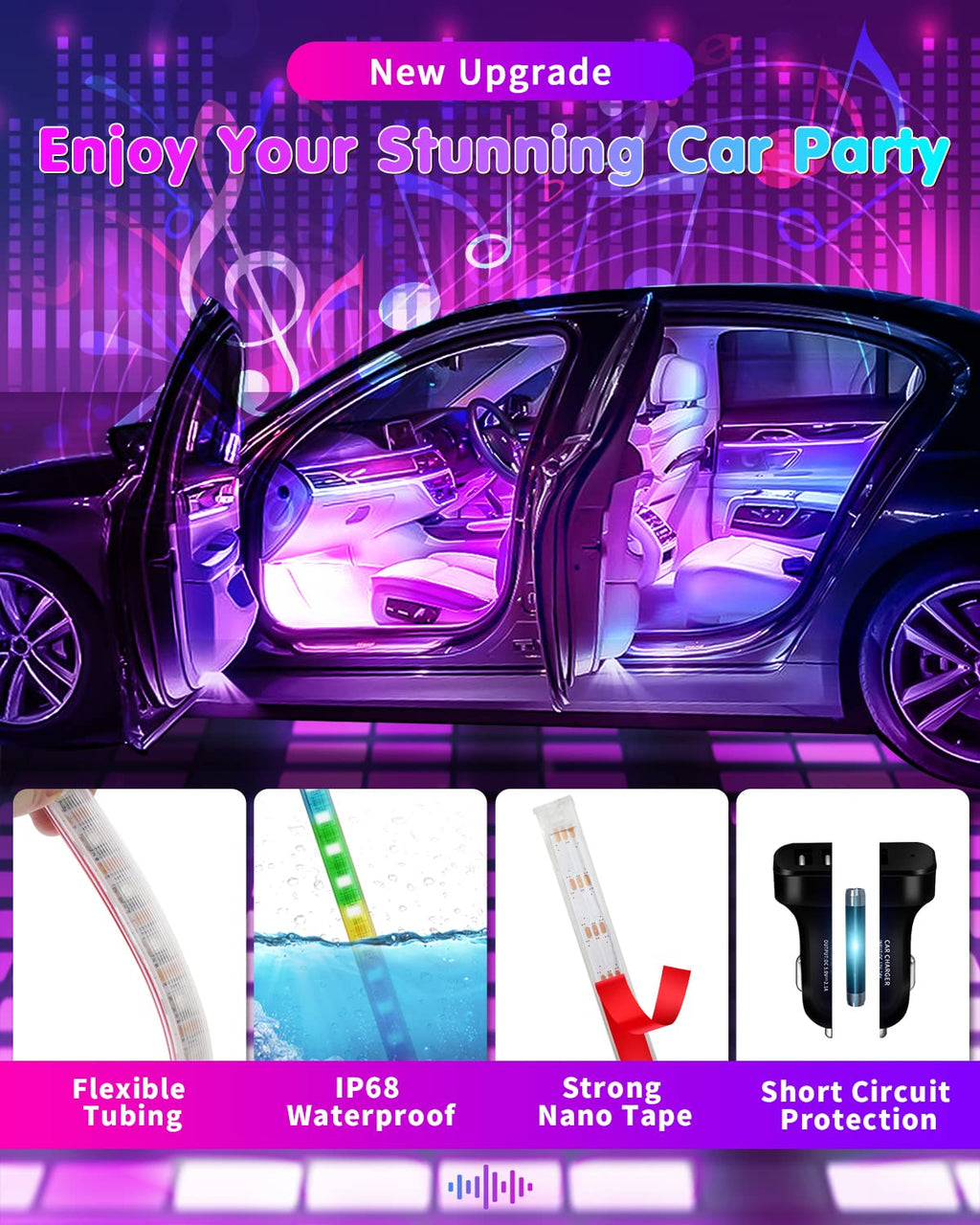 RGB Interior Car Strip Lights with Smart APP Control, Music Sync Under Dash Footwell Neon Internal Lighting Kit 2 Lines Design,12V LED Strip Lights for Cars, Trucks, SUVs with Car Charger(1 Set)