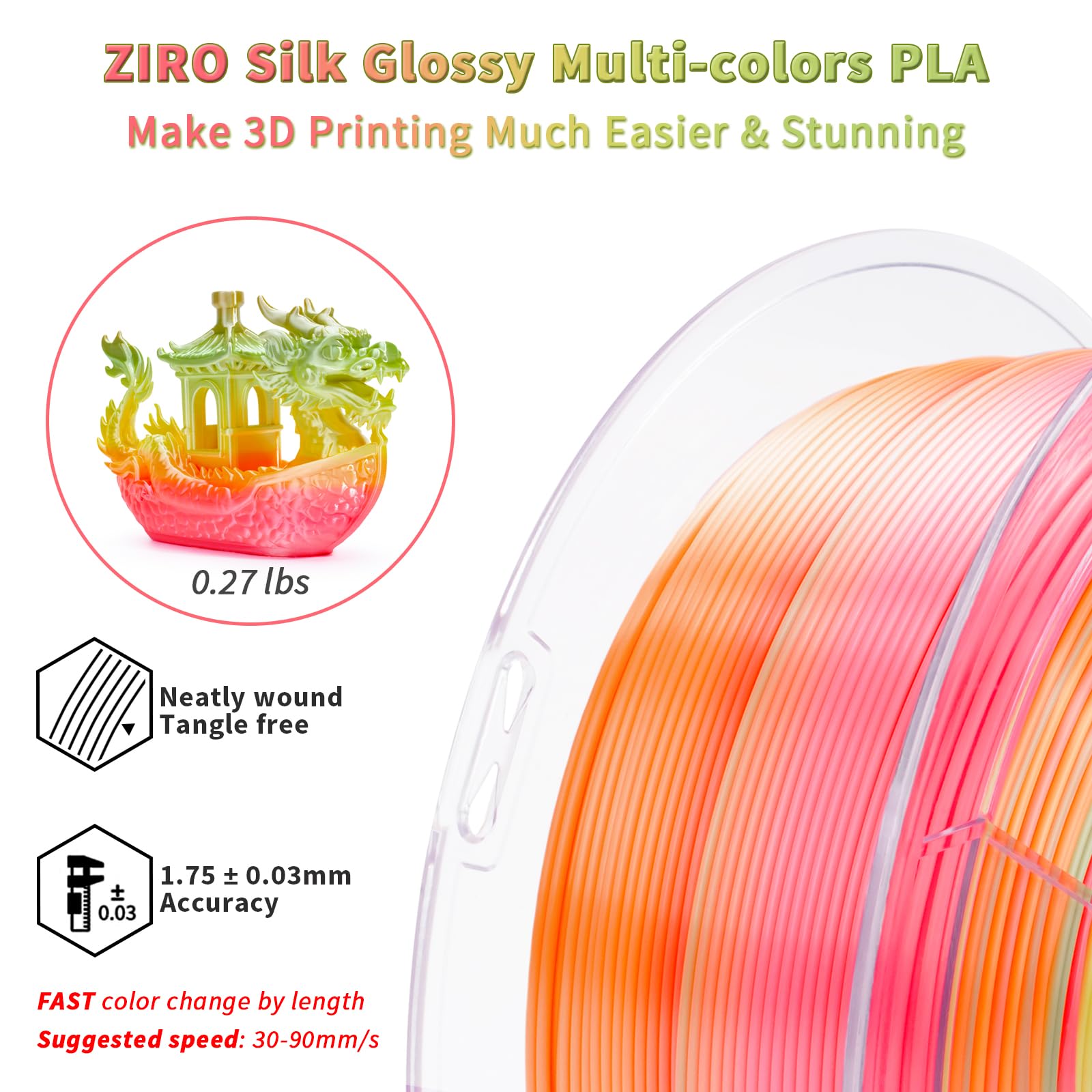 ZIRO Fast Color Change PLA, 1.75mm Color Gradient Filament, Glossy Rainbow PLA Filaments, Fit Most 3D Printer Pen, Shiny Surface 1KG/2.2lbs Spool, Aqua Sky (Silk)