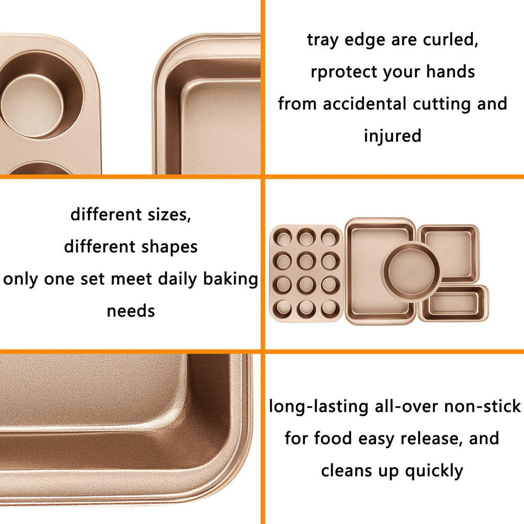 mobzio Kitchen 5-Piece Nonstick Bakeware Set - Round/Square Cake Pans, Muffin Pan, Loaf Pan, Roast Pan & Baking Sheets