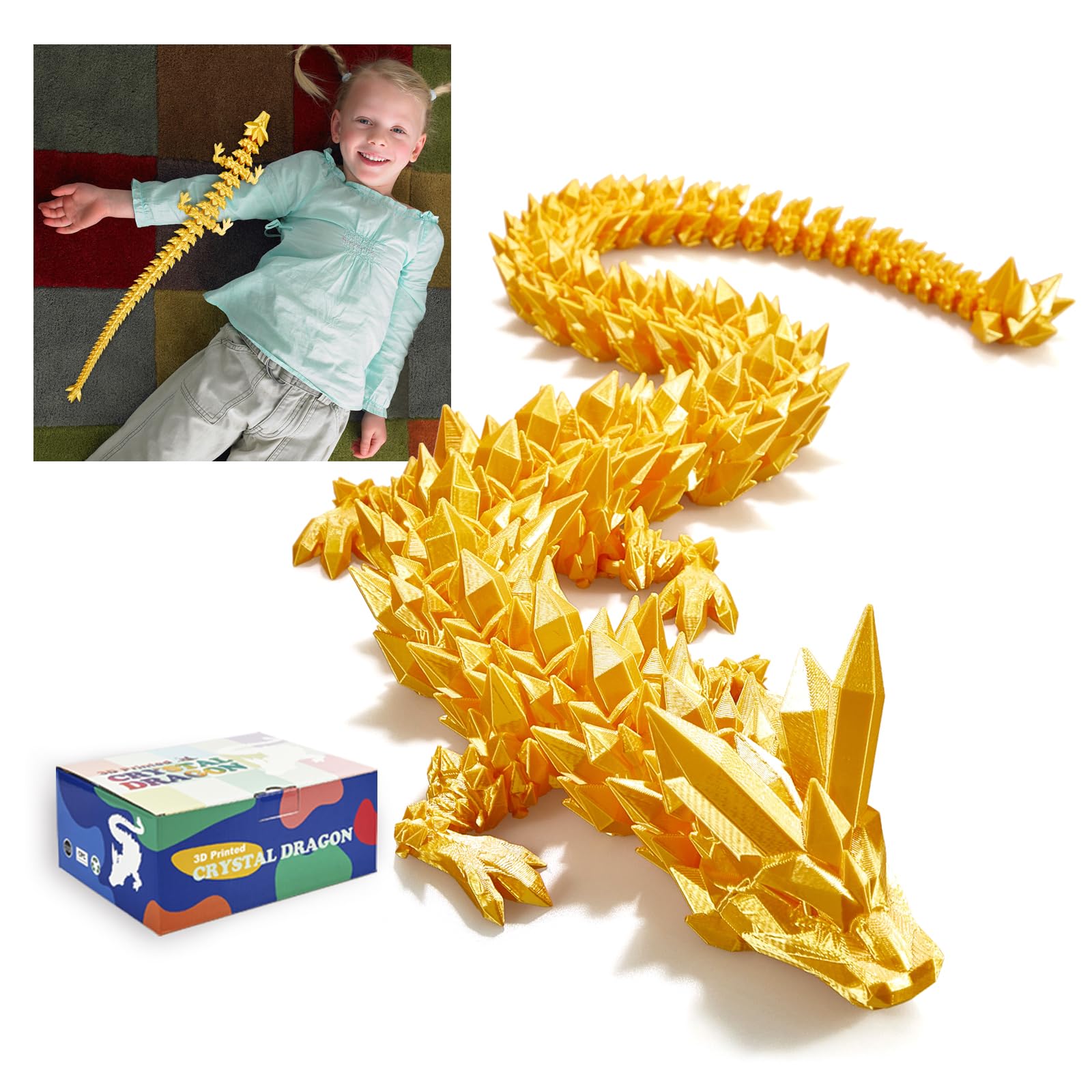 24" Large 3D Printed Dragon - Huge Articulated Crystal Dragon Fidget Toy, Giant Flexible 3D Dragon Figure, Birthday Gift for Boys Girls Kids & Collectors, Home Office Executive Desk Decor