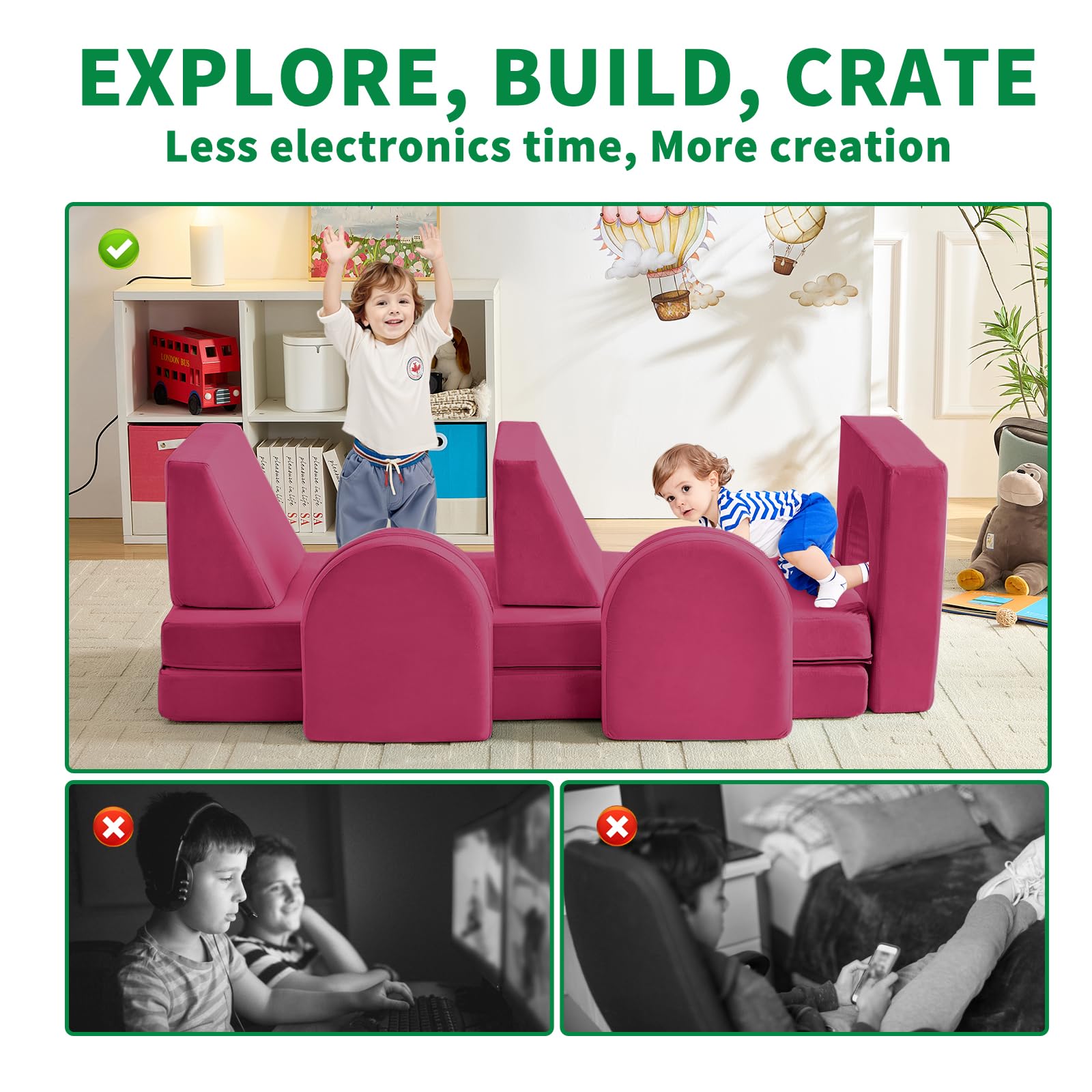 wanan Kids Couch 10PCS, Modular Kids Play Couch for Playroom Bedroom, 10 in 1 Multifunctional Kid Sofa for Playing, Creativing, Sleeping, Indoor Toddler Couches for Boys and Girls(Dark Grey)