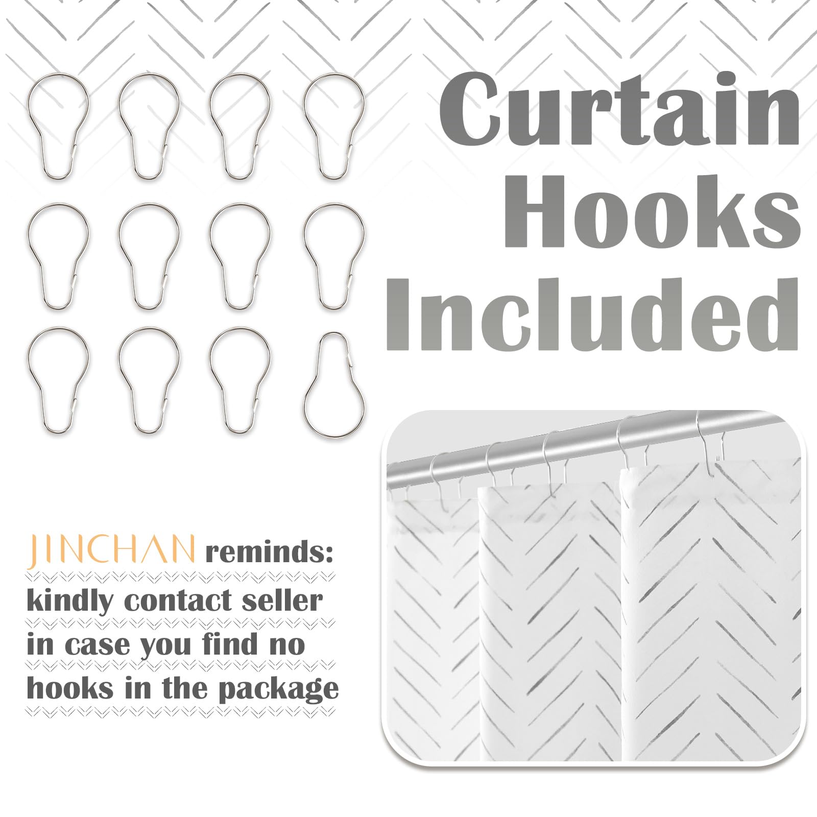 jinchan Small Stall Black and White Shower Curtain 36x72 Inches Inky Herringbone Chevron Zig Zag Waterproof Fabric Modern Farmhouse Shower Curtains for Bathroom with 7 Hooks