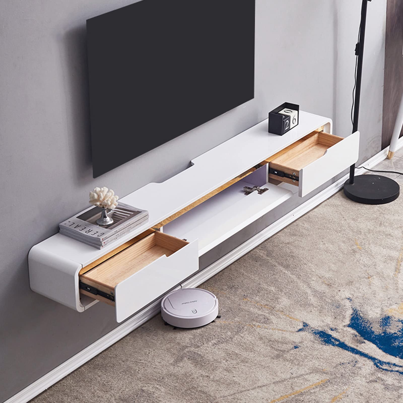 FPIGSHS Wall Mounted Media Console with 2 Drawers Solid Wood Floating TV Stand Hanging TV Shelf Entertainment Center TV Cabinet, for Home Office (A, 120cm/47.2in)