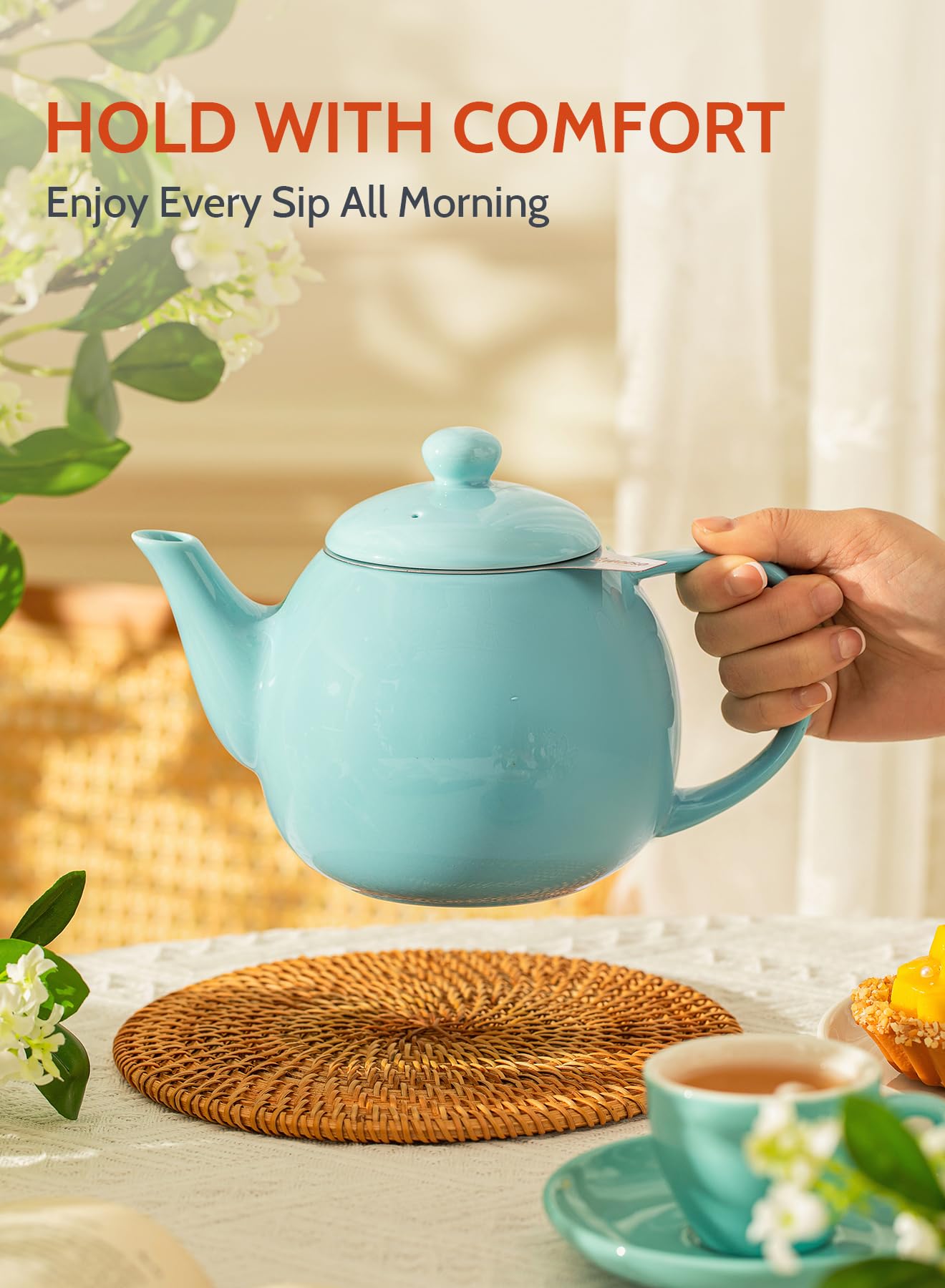 Sweese Porcelain Teapot 27 oz with Infuser for Loose Leaf Tea, Bluish Grey