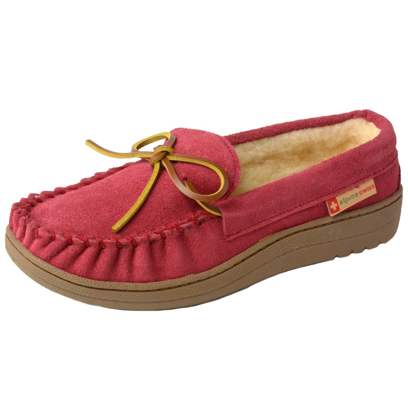 Alpine Swiss Sabine Womens Moccasin Slippers Genuine Suede House Shoe Memory Foam Insole Plush Faux Shearling Fur Indoor Outdoor Anti-Slip Rubber Sole