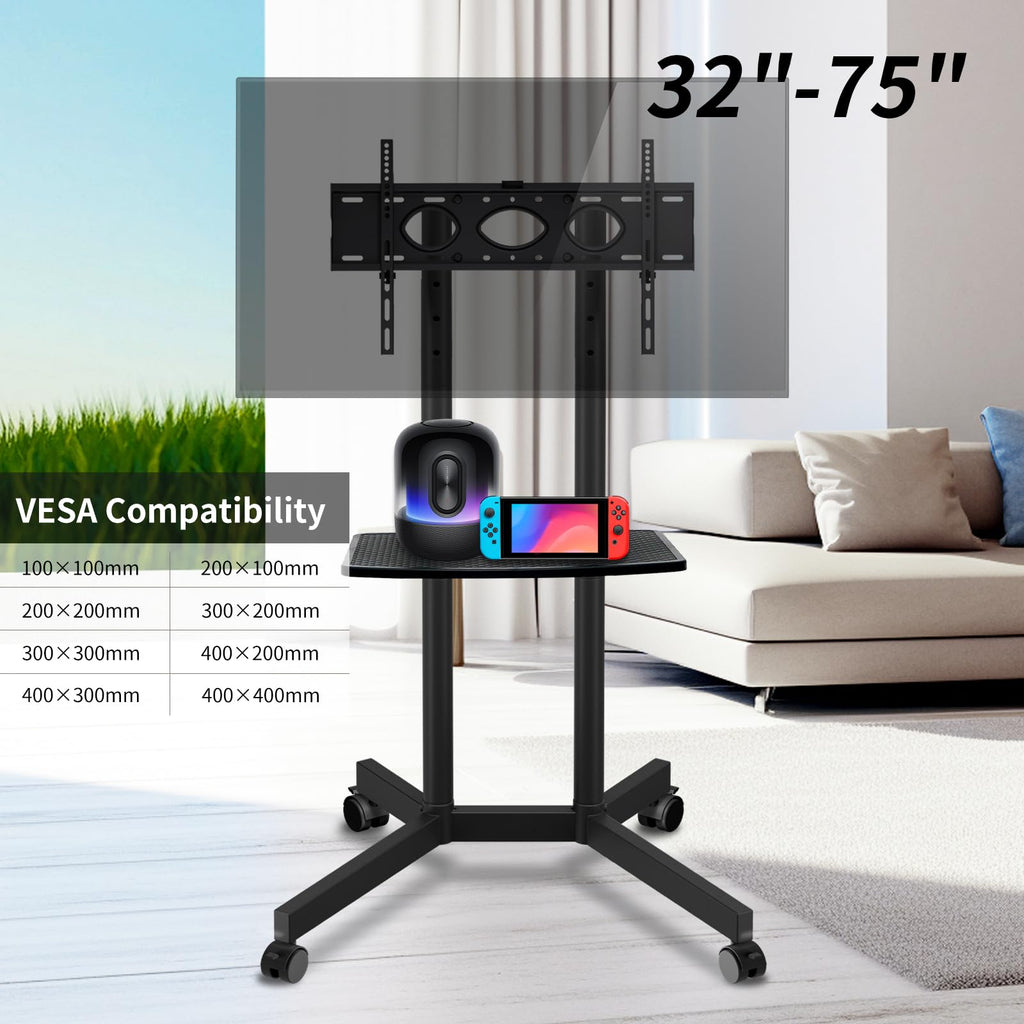 Solid Grace Rolling TV Stand with Power Outlet for 32-75 Inch TVs up to 88lbs, Portable TV Stand with Shelf, Mobile TV Cart for Living Room, Office, Meeting Room, Outdoor(with Power Outlet+Shelf)