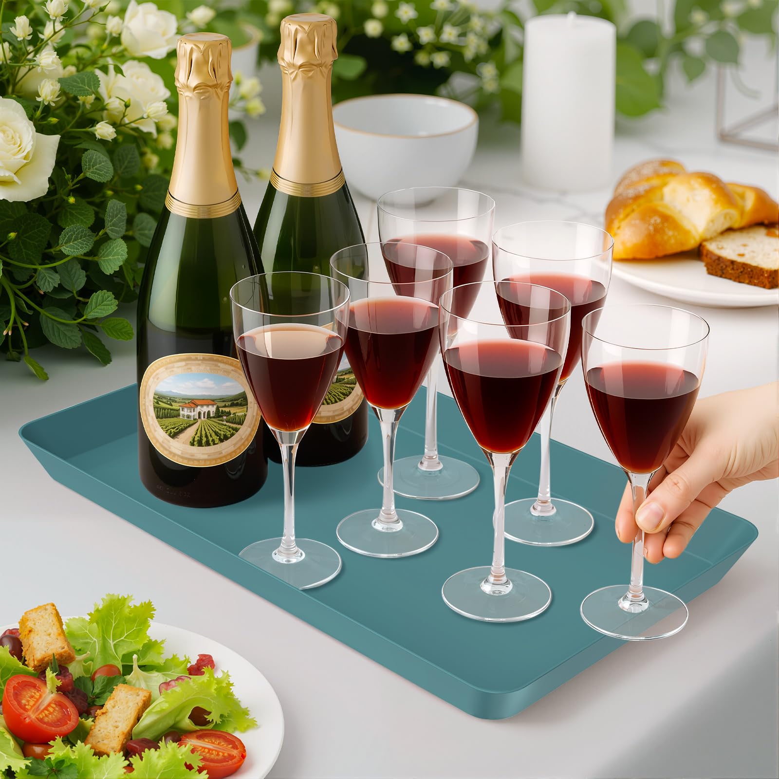 WOWBOX 4 pcs Serving Tray for Entertaining, Serving Platters for Snacks, Fruit, Cookies, Dessert, Reusable Plastic Trays for Serving Food, (White, Black, Green, Red)