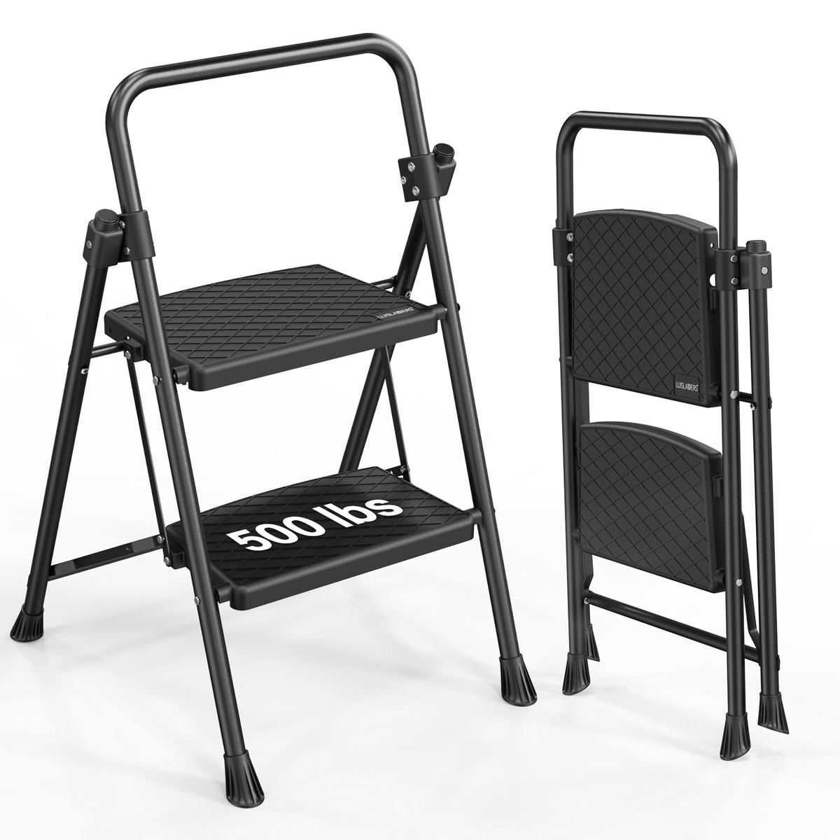 LUISLADDERS 3 Step Ladder with Handrails, Folding Step Stool with Widened Anti-Slip Pedal, 500lbs Lightweight Step Ladder 3 Step Folding, Multi-use for Home Kitchen Pantry Office, Black