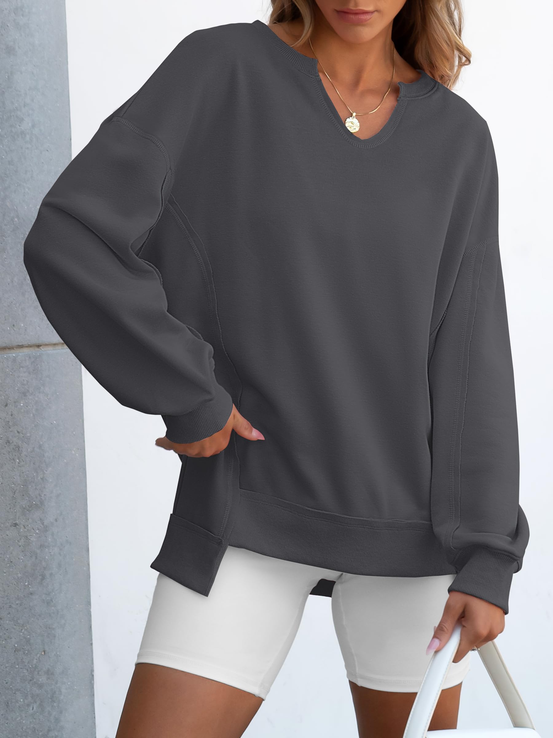 ANRABESS Women's Long Sleeve V-Neck Oversized Sweatshirts | Soft Lightweight Loose Fit Pullover Tops, Casual School Workout Office Tunic Shirts, Teen Girls Outfit, Fall Winter Clothes