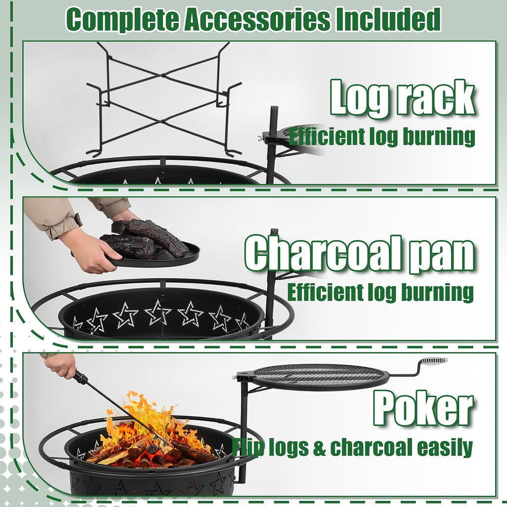 Gbekery 31" 2-in-1 Wood Burning Fire Pit with Swivel BBQ Grills & Spark Screen for Outside - Heavy Duty Outdoor Firepit with Charcoal Pan, Log Rack & Poker - for Backyard, Patio, Garden Bonfire