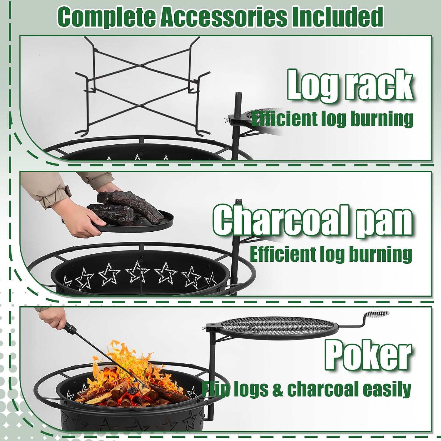 Gbekery 31" 2-in-1 Wood Burning Fire Pit with Swivel BBQ Grills & Spark Screen for Outside - Heavy Duty Outdoor Firepit with Charcoal Pan, Log Rack & Poker - for Backyard, Patio, Garden Bonfire