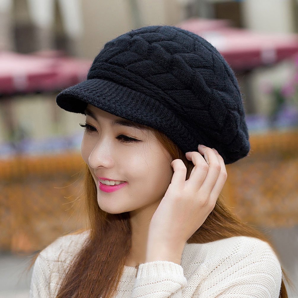Women Winter Warm Knit Hat Wool Snow Ski Caps with Visor