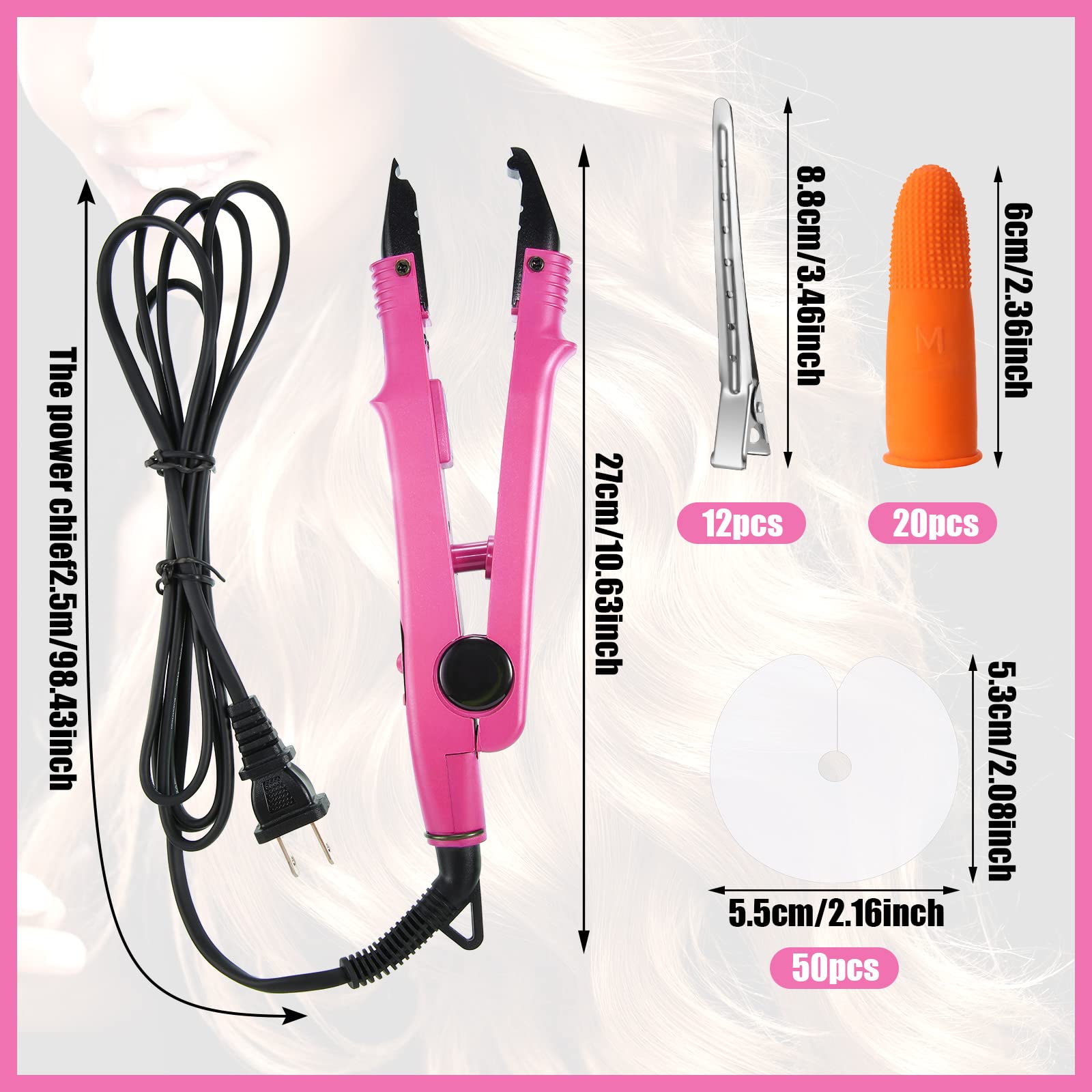 Hair Extensions Iron Fusion Keratin Hair Extensions Heat Tool Heat Connector Wand with Fusion Glue Protector Template Hair Clip Finger Protector 2 Bag Keratin Glue Granule Bead(Black)