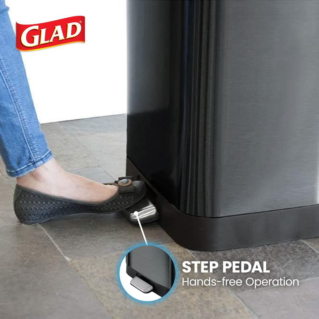 Glad 13 Gallon All Brushed Stainless Steel Trash Can with Clorox Odor Protection | Large Metal Kitchen Garbage Bin with Soft Close Lid, Garbage Bag Rings, Step On Foot Pedal and Waste Bag Roll Holder