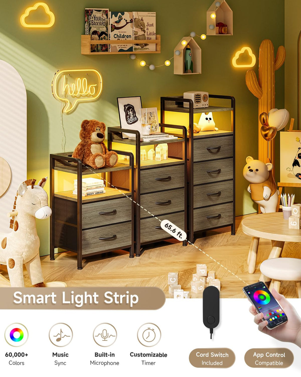 Lazzanto Night Stand Bedside Charger Bedroom - Nightstand with Charging Station & LED Light Strip, Night Stand with Storage Shelf & 2 Fabric Drawers, Morden End Table with U-S-B Ports & AC Outlets