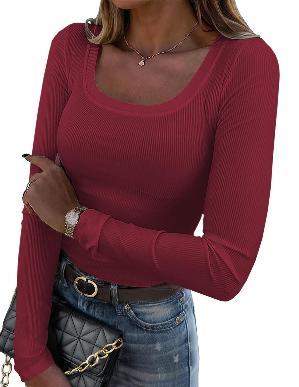 Zeagoo Women's Long Sleeve Scoop Neck Shirts Casual Slim Fit Rib Knit Tops Summer Fall Basic Business Work Tee