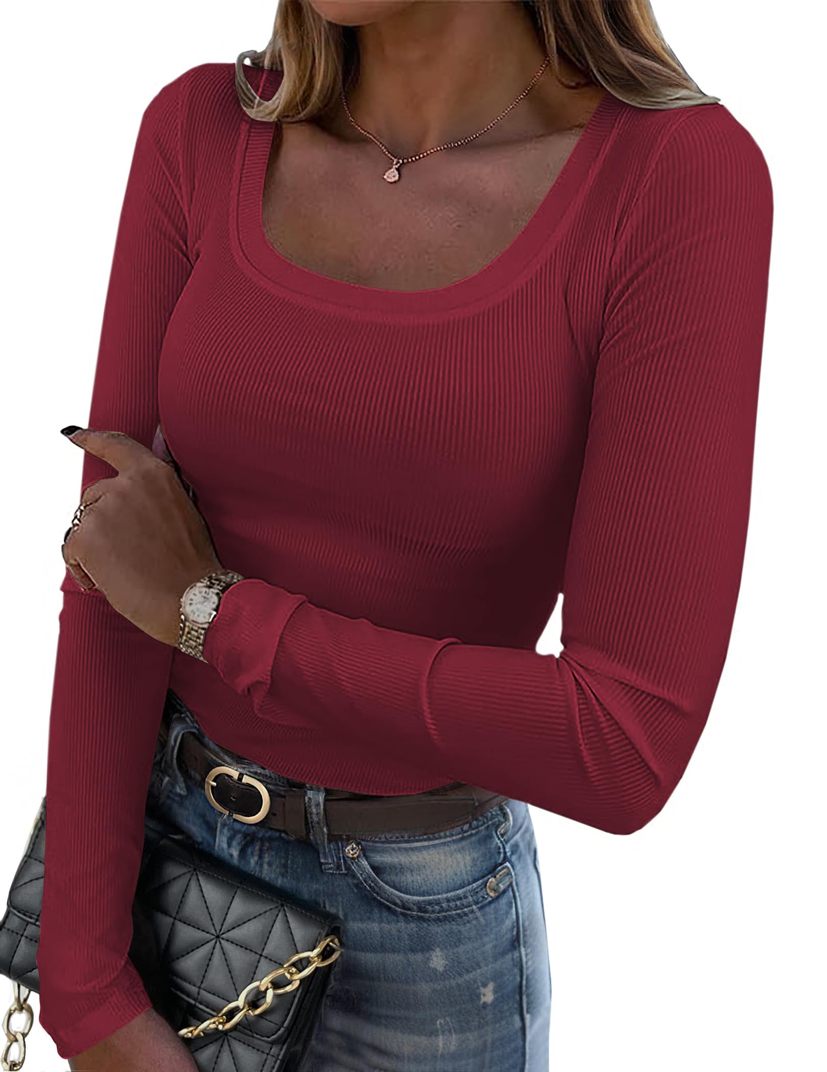 Zeagoo Women's Long Sleeve Scoop Neck Shirts Casual Slim Fit Rib Knit Tops Summer Fall Basic Business Work Tee