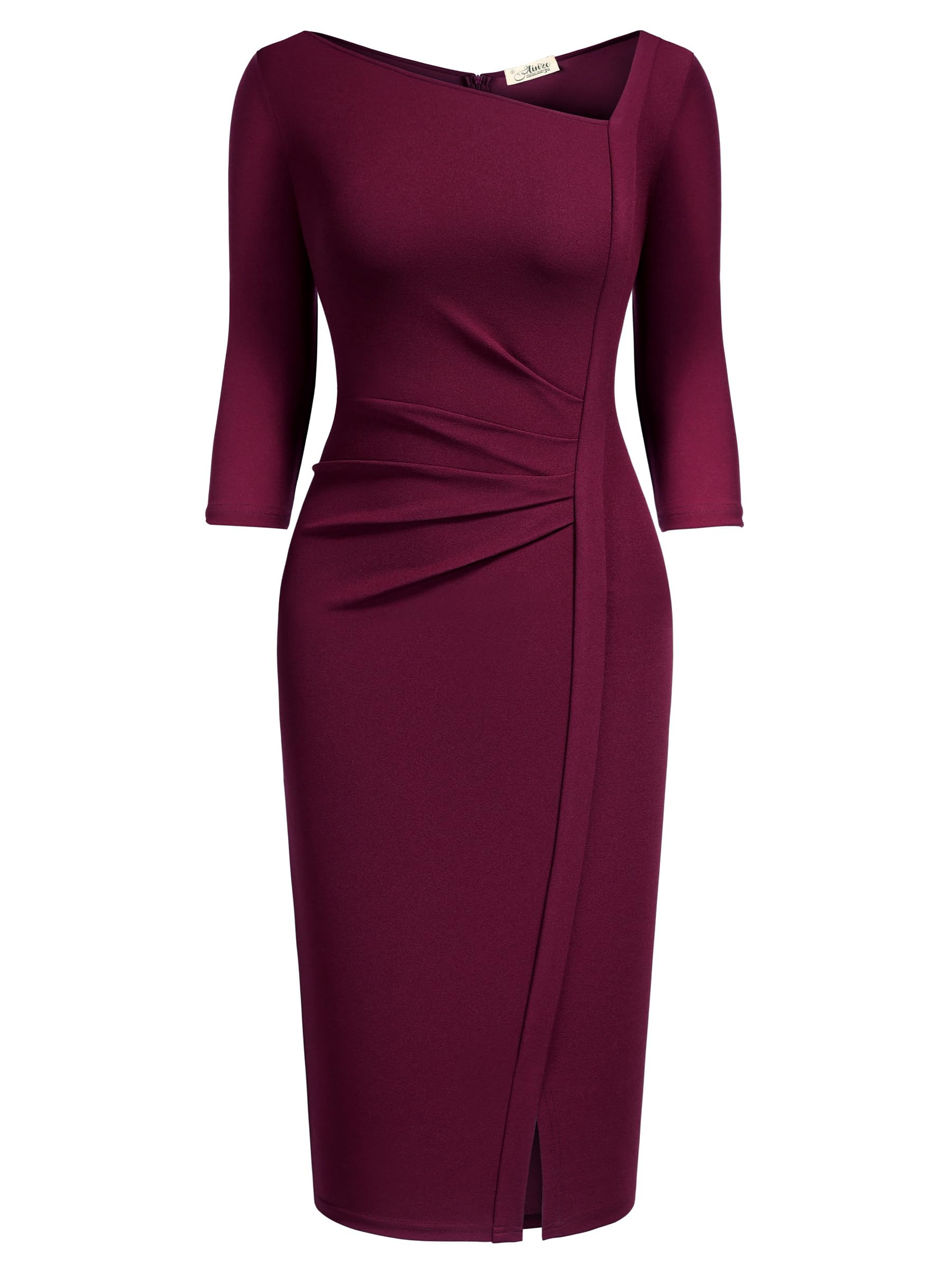 AISIZE Women's Retro 3/4 Sleeve Ruched Elegant Business Pencil Sheath Dress