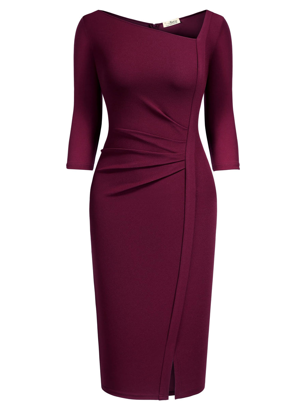 AISIZE Women's Retro 3/4 Sleeve Ruched Elegant Business Pencil Sheath Dress