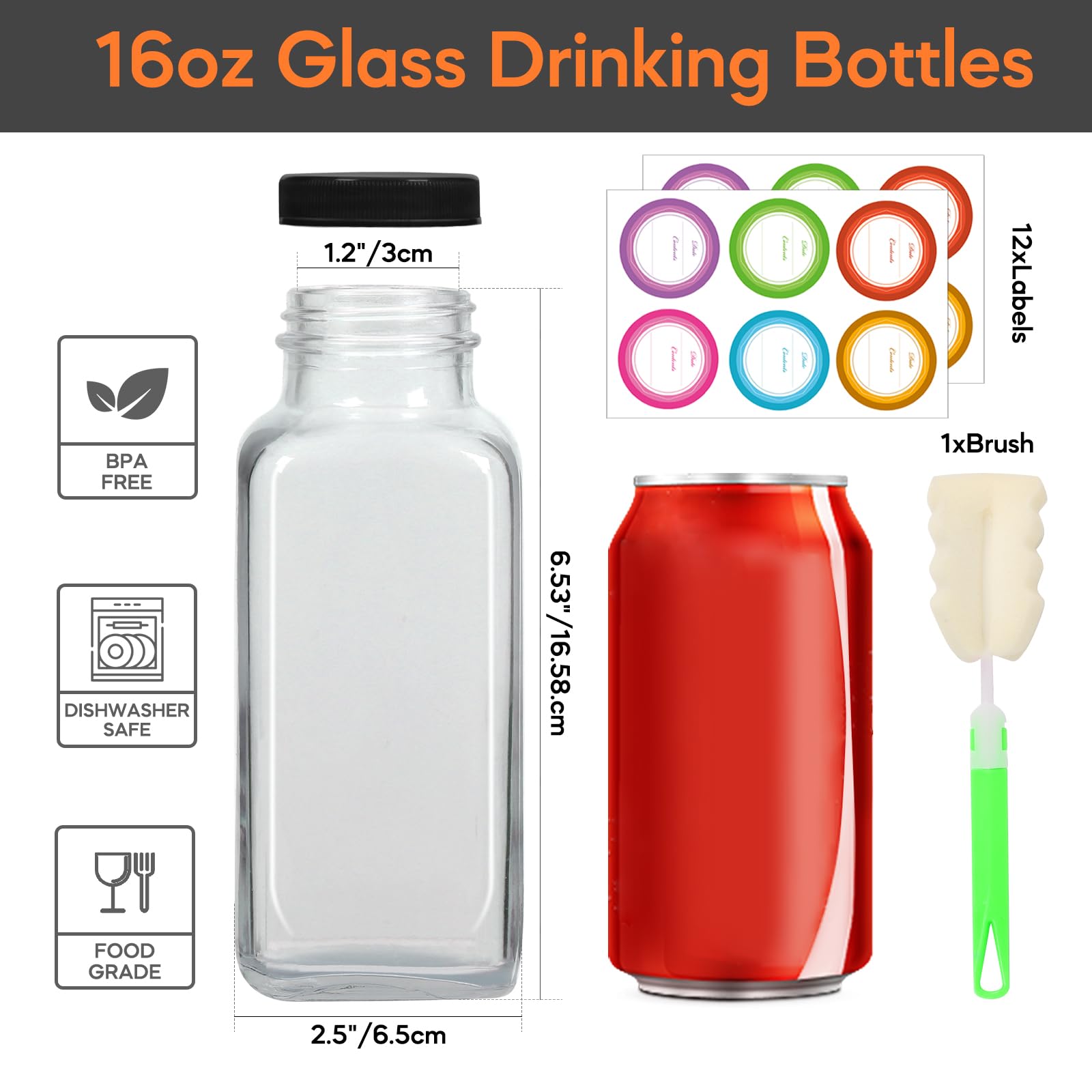 STARSIDE 8 oz Glass Juice Bottles with Lids 12 Pack - Square Reusable Drinking Jars for Juicing, Milk, Kombucha - Includes 1 Bottle Brush, 12 Colored Labels