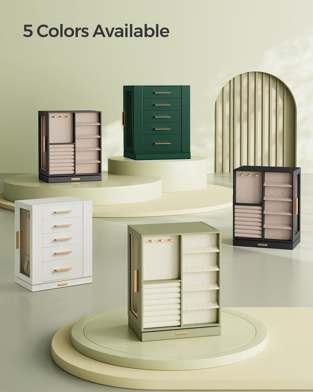 SONGMICS GISELLA Collection - Jewelry Box Organizer 360° Rotating, Vertical Jewelry Storage Case with 5 Drawers, Glass Window, Spacious, Open Design, Great Gift, Cloud White UJBC170W01