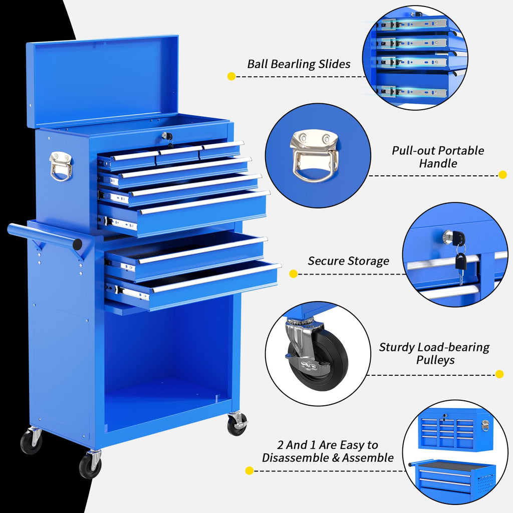 On Shine 8 Drawer Rolling Tool Chest, Large Capacity Rolling Tool Box with Wheels, Locking Mechanical Tool Chest, Portable Tool Box with Sliding Drawers for Garage Workshop and Tool Room (Black)