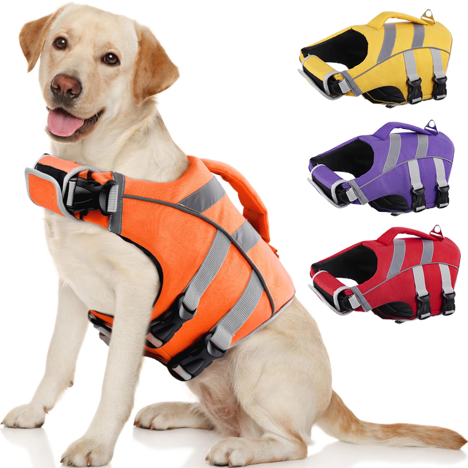 Kuoser Dog Life Jacket with Reflective Stripes, Dog Life Vest for Swimming Boating, Adjustable Pet Lifejackets with High Flotation, Doggie Swimsuit for Small Medium Large Dogs