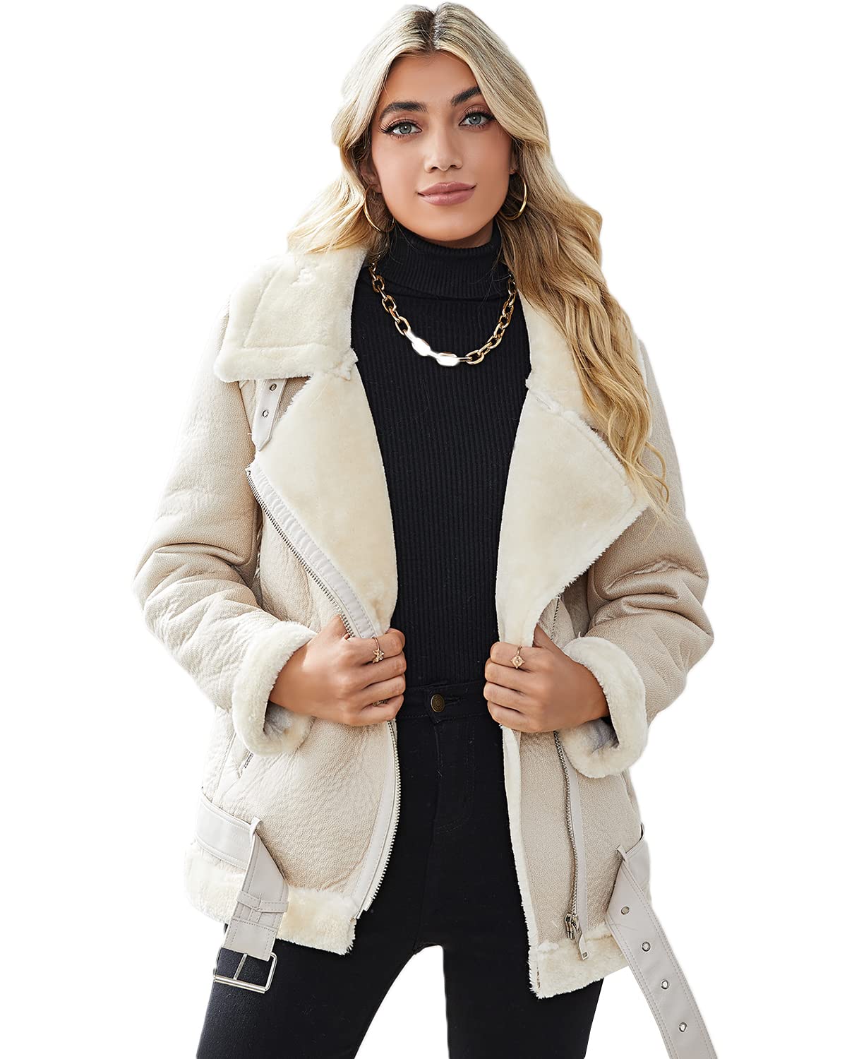 LY VAREY LIN Women's Faux Shearing Moto Jacket Thick Lined Parka Winter Shearling Coat Leather Jacket