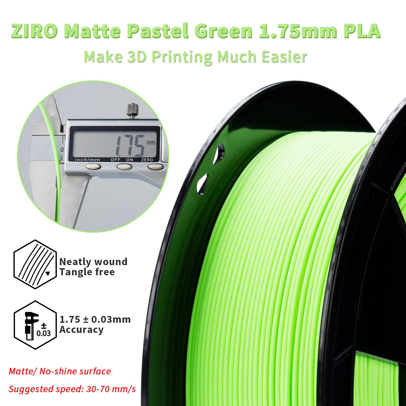 ZIRO 3D Printer Filament, PLA Filament 1.75mm, Black pla 1KG(2.2lbs), Dimensional Accuracy +/- 0.03mm, Fits Most FDM Printer AMS System,3D Printing Filament Spool Black (Plastic Reel)