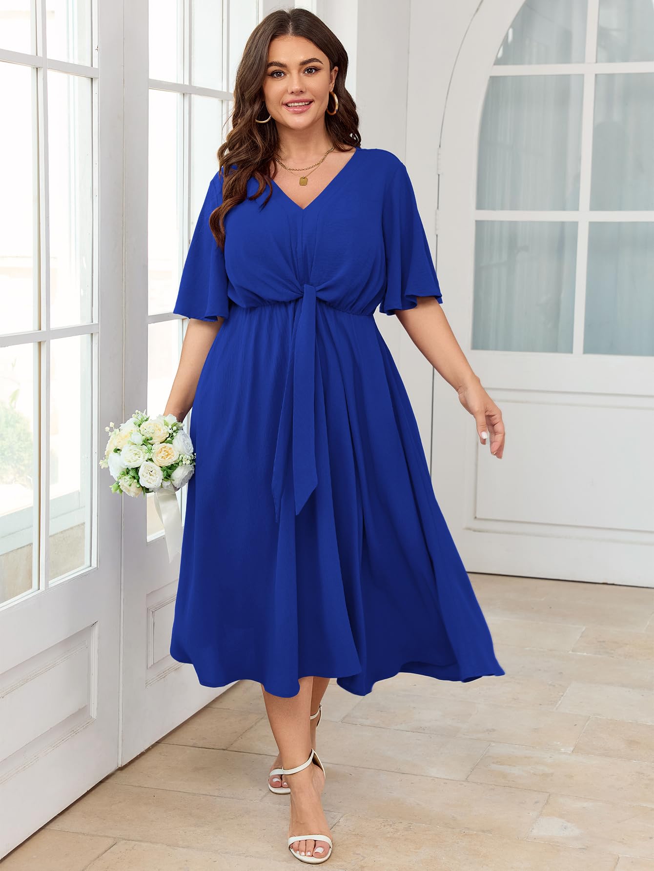 SCOMCHIC Women Plus Size Midi Dresses Wedding Guest Short Sleeve V Neck Tie Waist Casual Summer Flowy A Line Dress