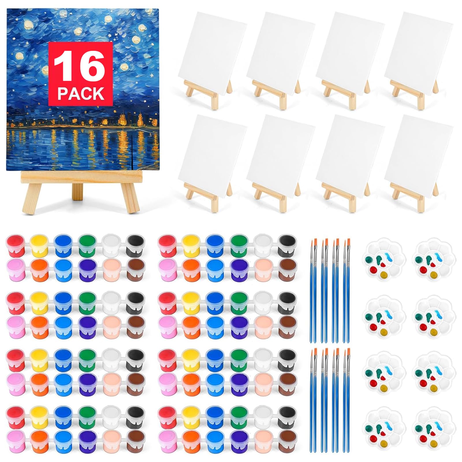 2 Pack 8 * 10In Canvas Boards for Painting, Art Canvas for Drawing with 4 Brushes & 2Paint Trays & 4 Acrylic Paint, Mini Painting Canvas with Easel Set, Painting Kits for Adults Party