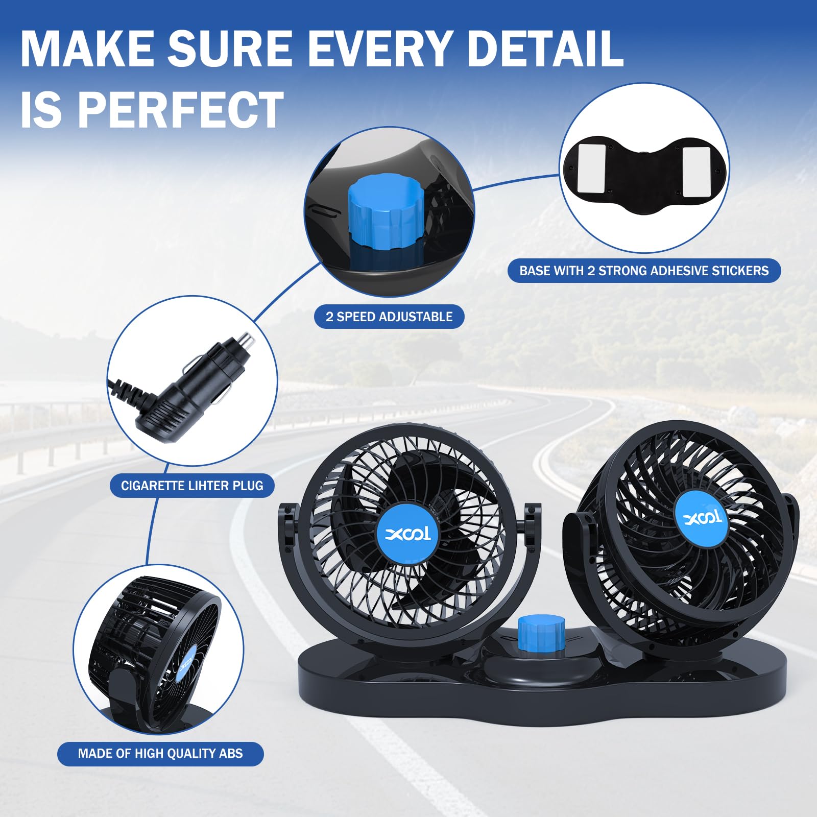 XOOL Clip Car Fan, 9 Inches 12V/24V Fan, 360° Rotatable Electric Cooling Clip on Fan with Stepless Speed Regulation for SUV, RV, Truck