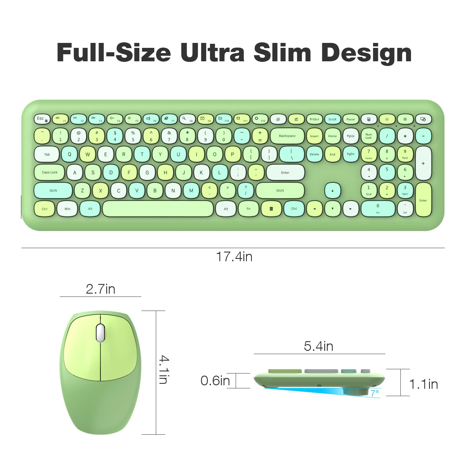MOFII Wireless Keyboard and Mouse Combo, Compact Typewriter Retro Round Computer Keyboard and Mouse Set, Plug and Play, for Windows, Computer, Desktop, PC, Notebook - Black Green Gradient