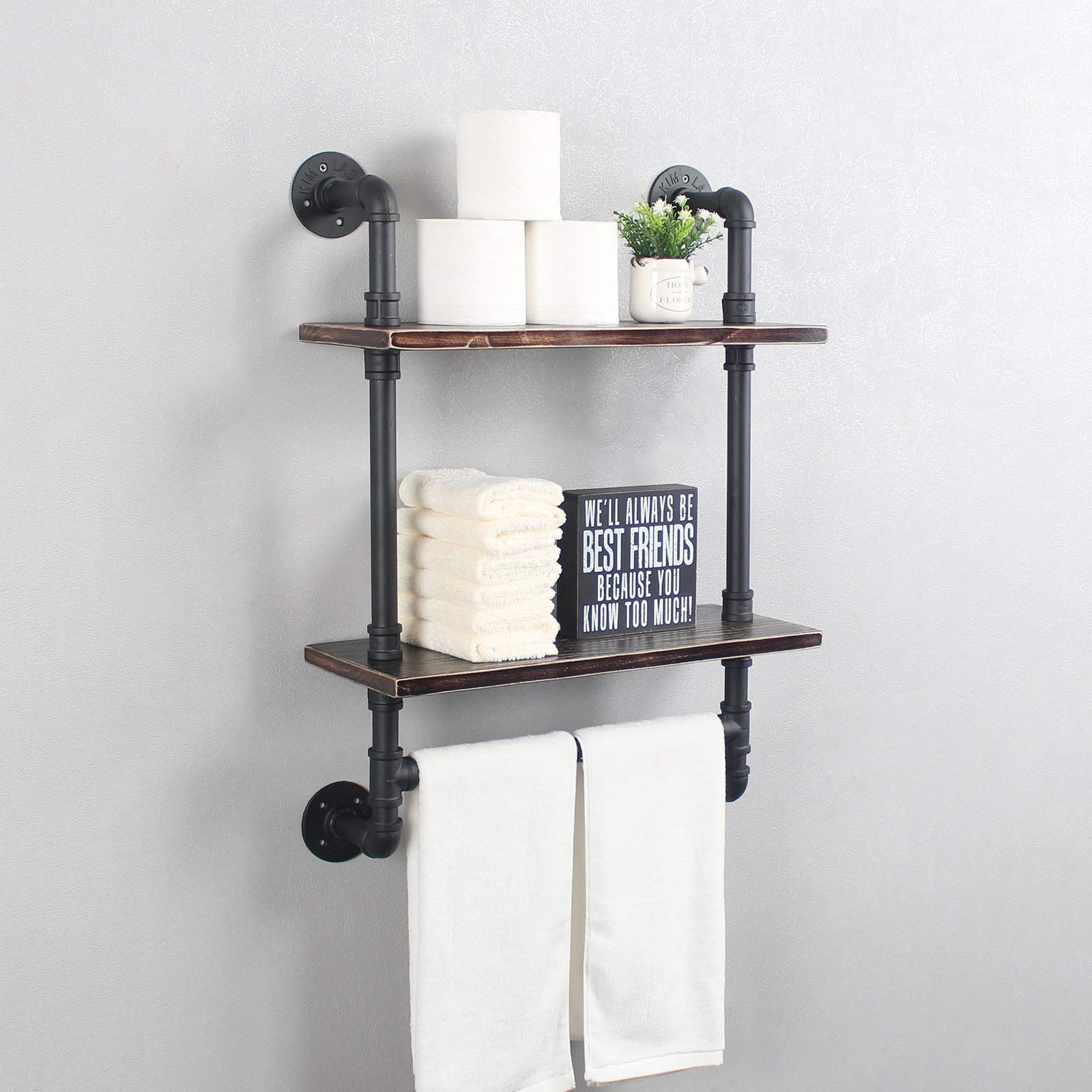 MBQQ Industrial Pipe Shelf Bathroom Shelves Wall Mounted,19.6in Rustic Wood Shelf with Towel Bar,1 Tier Farmhouse Towel Rack,Pipe Shelving Floating Shelves Towel Holder,Black & White