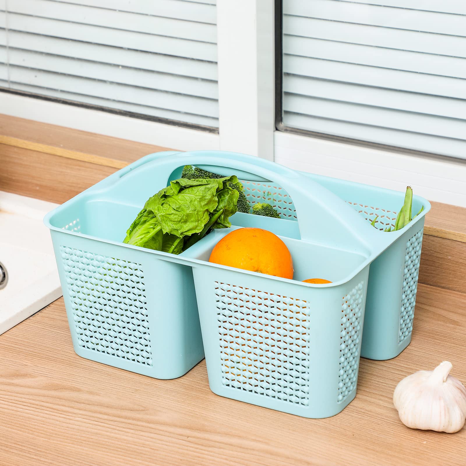 UUJOLY Plastic Portable Shower Caddy Basket Bucket, Cleaning Shower Basket with Handle Compartments Storage Basket Organizer for Bathroom Kitchen College Dorm Sink, Beige