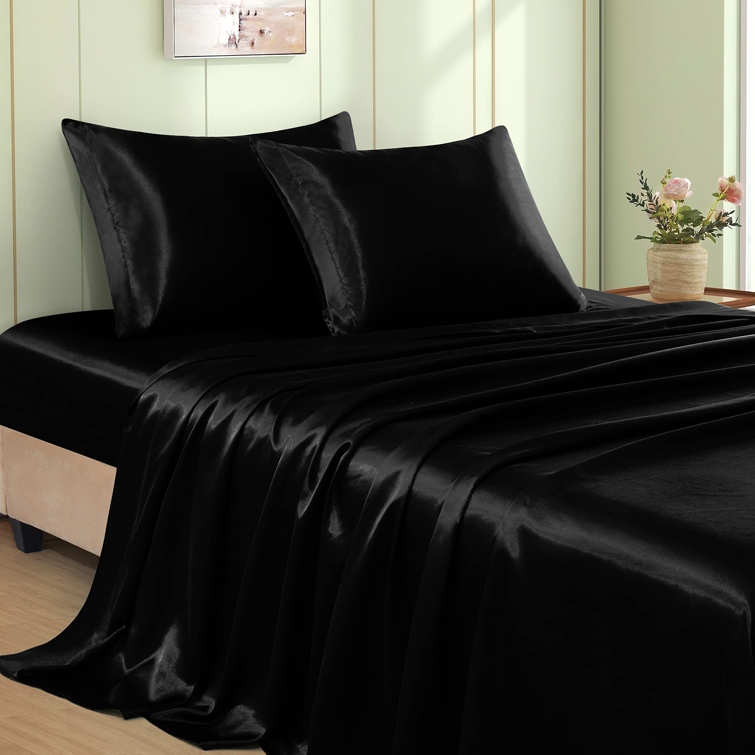 VACVELT 3pcs Beige Satin Sheets Twin Size Bed Set, 15 Inch Deep Pocket Silky Satin Sheet Set, Soft Satin Bedding Set Cooling & Luxury Bed Sheets, 1 Fitted Sheet + 1 Flat Sheet + 1 Pillowcase