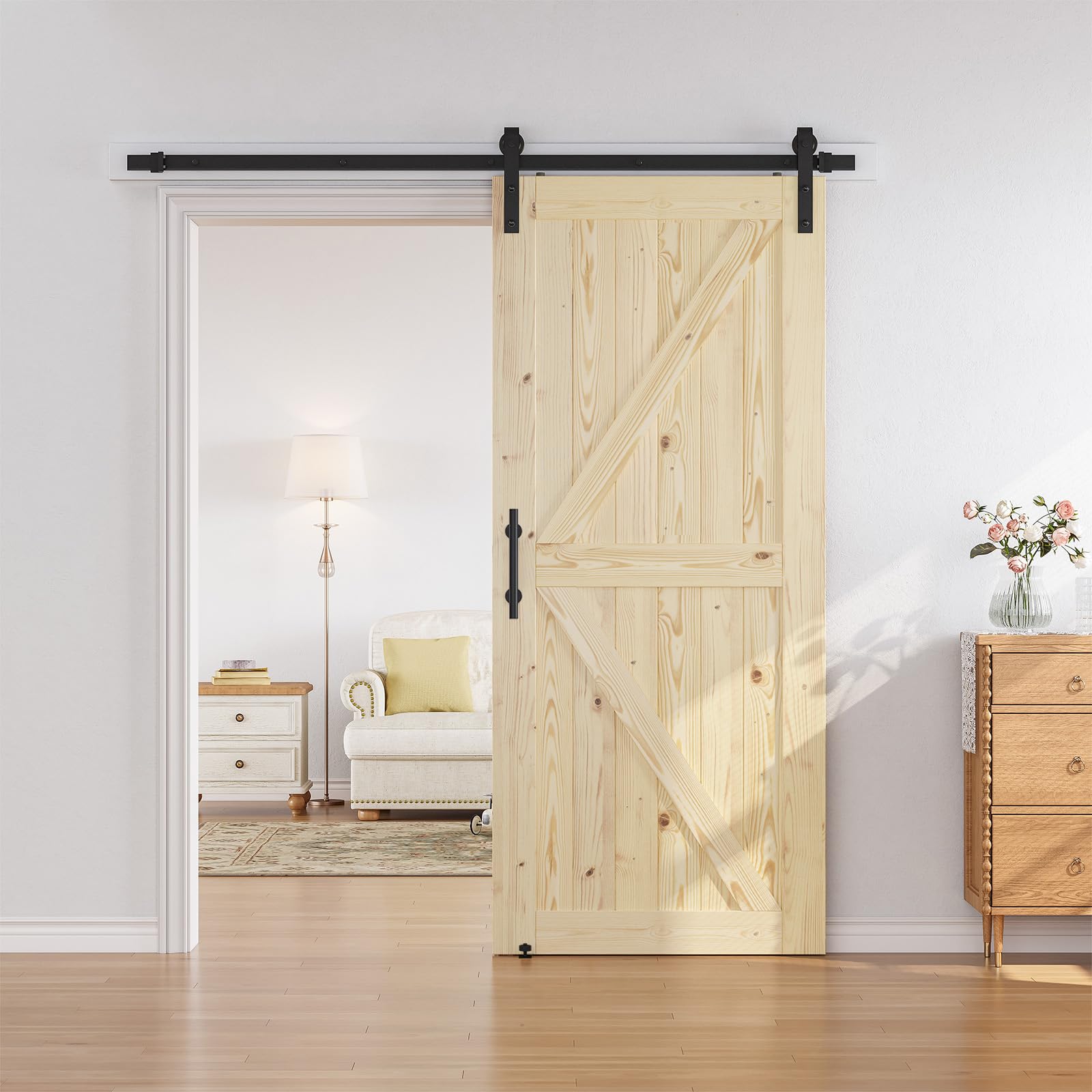 SmartStandard 24in x 80in Sliding Barn Wood Door Pre-Drilled Ready to Assemble, DIY Unfinished Solid Spruce Wood Panelled Slab, Interior Single Door Only, Natural, K-Frame (Fit 4FT Rail)